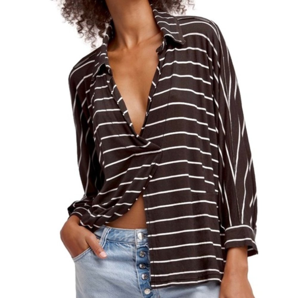 WE THE FREE “Can’t Fool Me” Black White Striped Dolman Sleeve Roomy Tunic Top XS